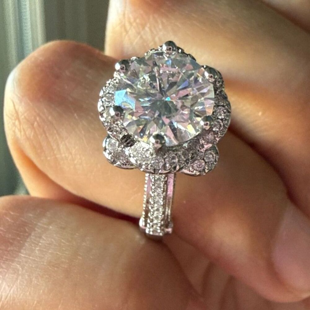 Moissanite Round Halo Floral Ring Approx 2CT Rhodium Plated Size 5
